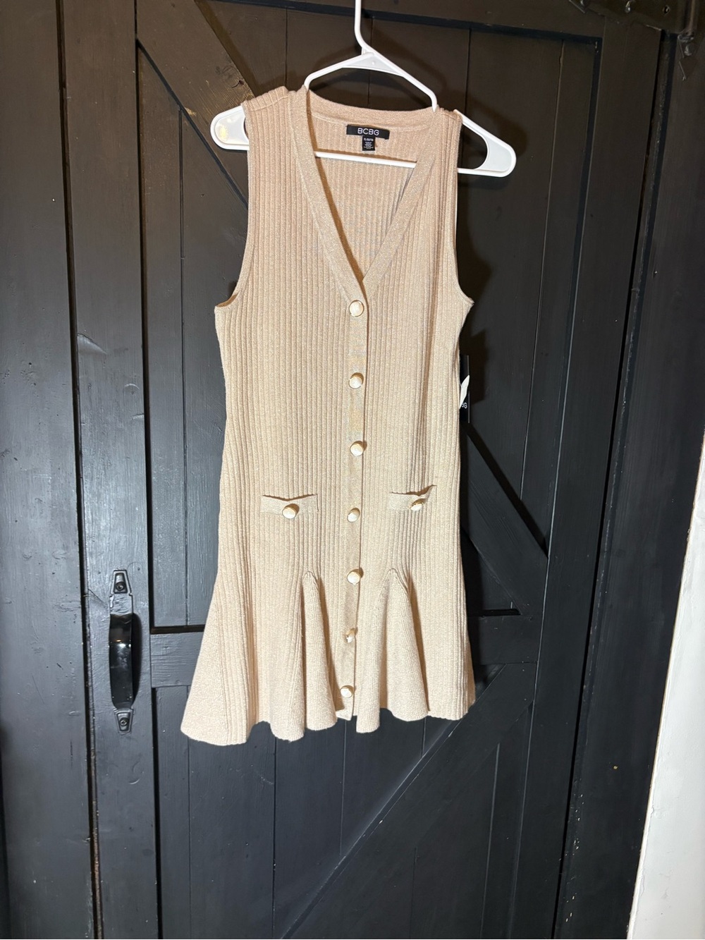 BCBG Beige Ribbed Knit Sleeveless Button-Down Mini Dress
